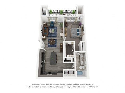 Floor plan for 1 bed, 1 bath, 934 sqft